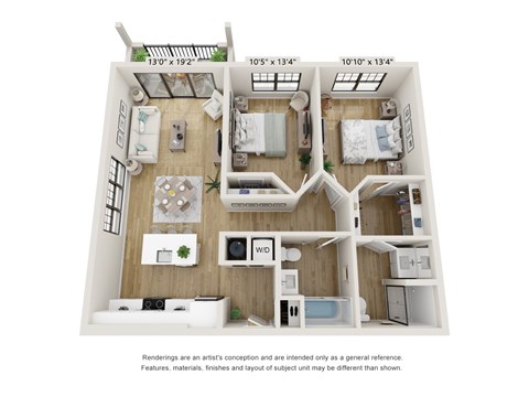 Floor plan for 2 beds, 2 baths, 969 sqft